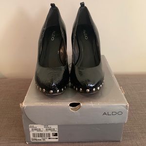 Aldo patent leather wedge with studs, size 10